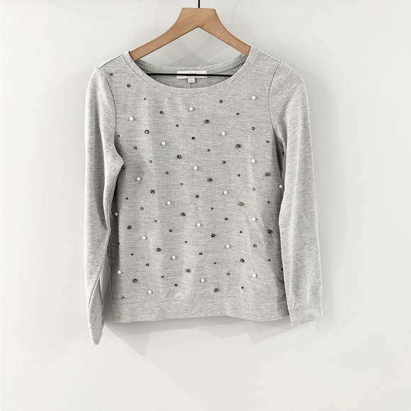 Loft Jewel & Pearl Embellished Sweatshirt Gray Size Small - Picture 2 of 6